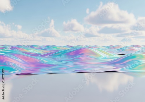 Abstract iridescent waves of liquid under a cloudy sky, a surreal and futuristic landscape