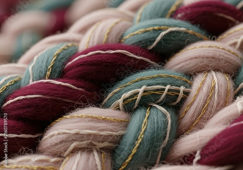 Closeup of a woven textile with thick yarn in shades of burgundy, teal, and cream, featuring gold threads