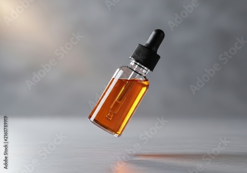 Glass dropper bottle with amber liquid, tilted, on a textured surface with soft light