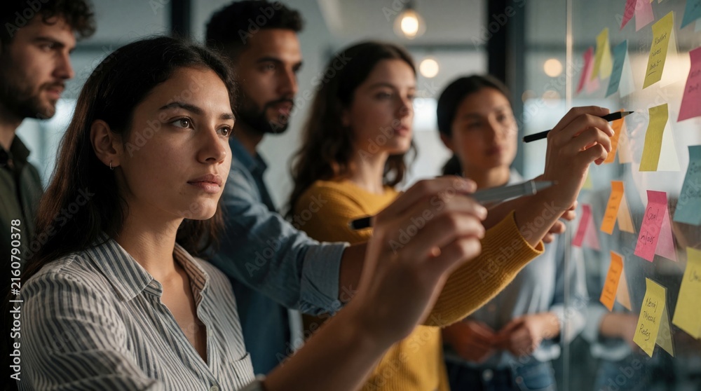 Obraz premium Diverse group of colleagues plan project on glass wall with sticky notes. People brainstorm ideas, write, talk about tasks. Teamwork in modern office space.