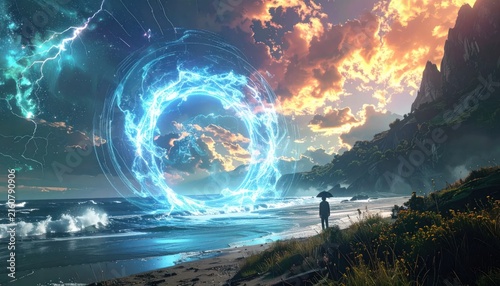 Glowing magic portal on beach with stormy sky.