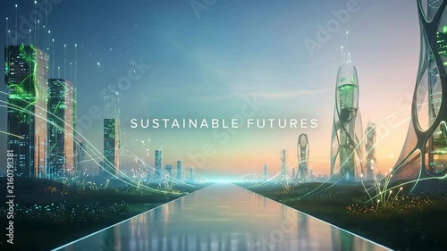 Exploring Sustainable Futures in a Futuristic City With Unique Buildings and Glowing Pathways at Sunrise