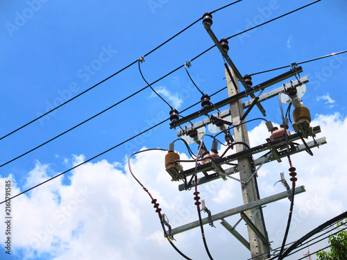 electrical power line on a blue sky background