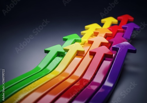 A rainbow of colorful arrows pointing upwards, symbolizing growth and success
