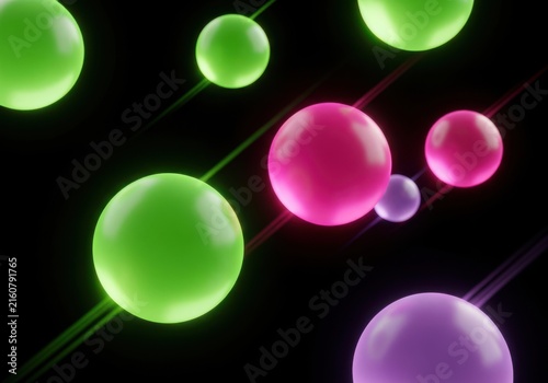 Abstract 3d render of glowing neon spheres in vibrant pink, green, and purple, suspended in darkness