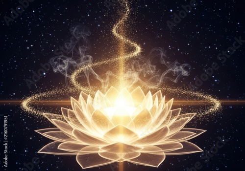 A glowing lotus flower emitting light and energy in a starry night sky, symbolizing spirituality and enlightenment