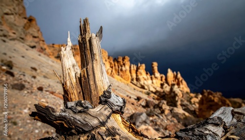 Gnarly Deadwood Stump in Arid Desert Landscape with Dramatic Stormy Sky