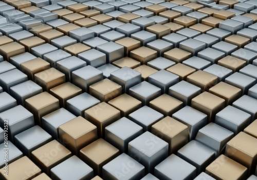 Abstract 3d background of metallic cubes in alternating gold and silver colors, creating a textured pattern