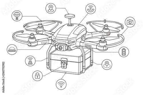 Infographic illustration of a cargo delivery drone with sensors and locked case on white.