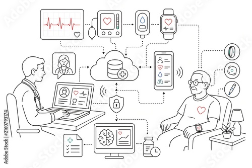 Illustration of a doctor monitoring an elderly patient remotely via connected medical devices and a cloud-based e-health system.