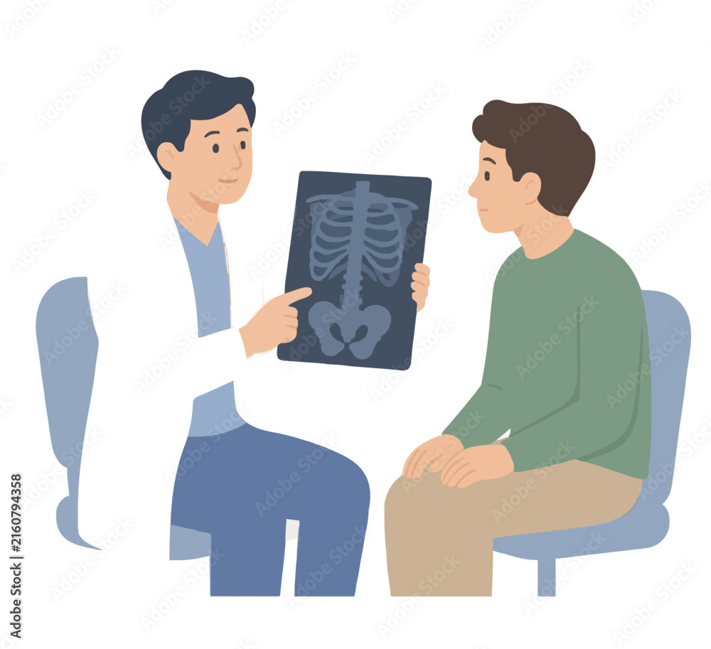Fototapeta premium Hand-traced vector illustration depicting a smiling physician in white coat carefully explaining chest X-ray and pelvis scan results to young male patient during medical consultation