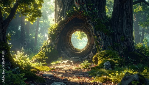 Glowing circular portal inside an ancient hollow tree trunk.