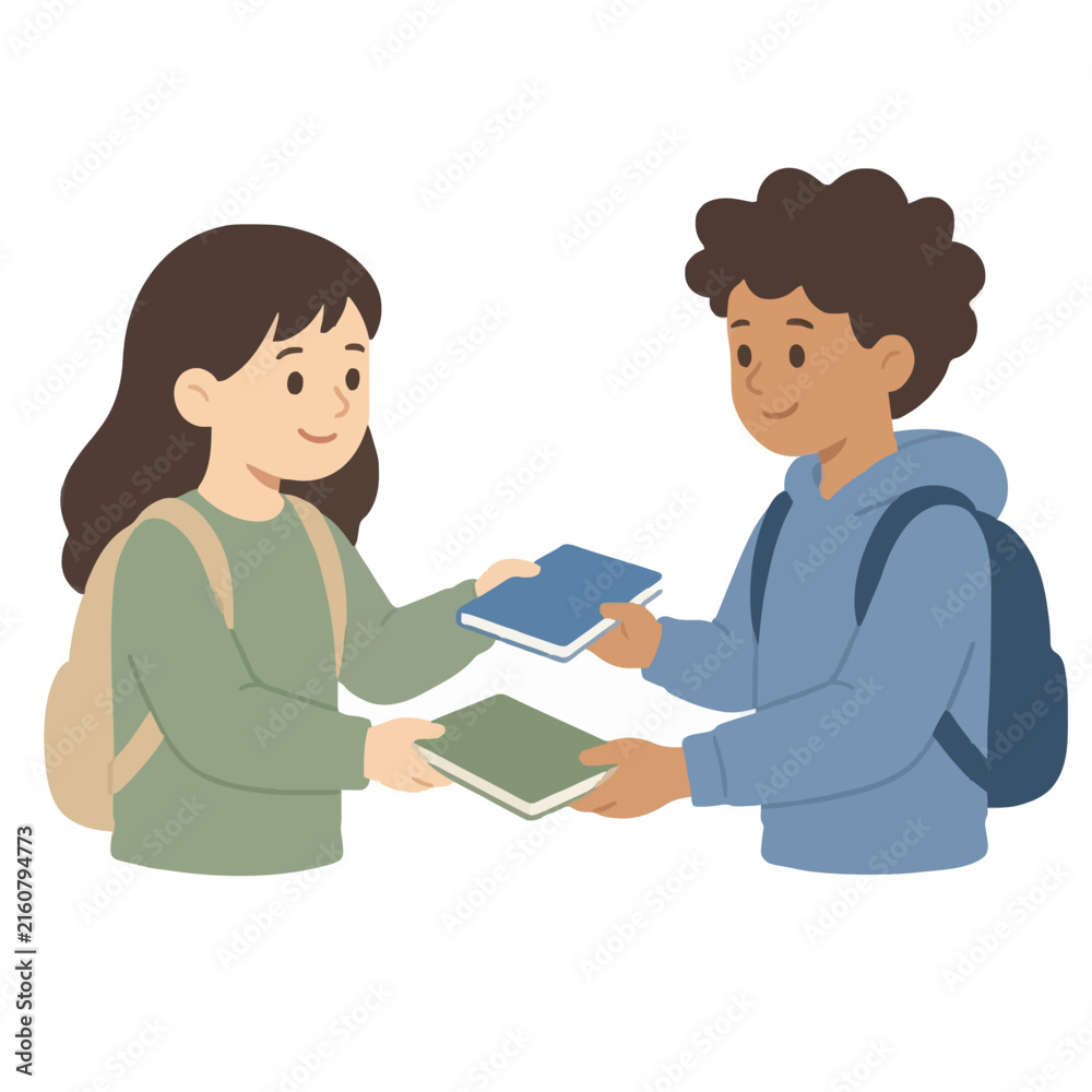 Obraz premium Charming hand-traced vector illustration showing two happy school children, a smiling girl and boy with backpacks, cheerfully exchanging colorful notebooks in a vibrant educational classroom scene