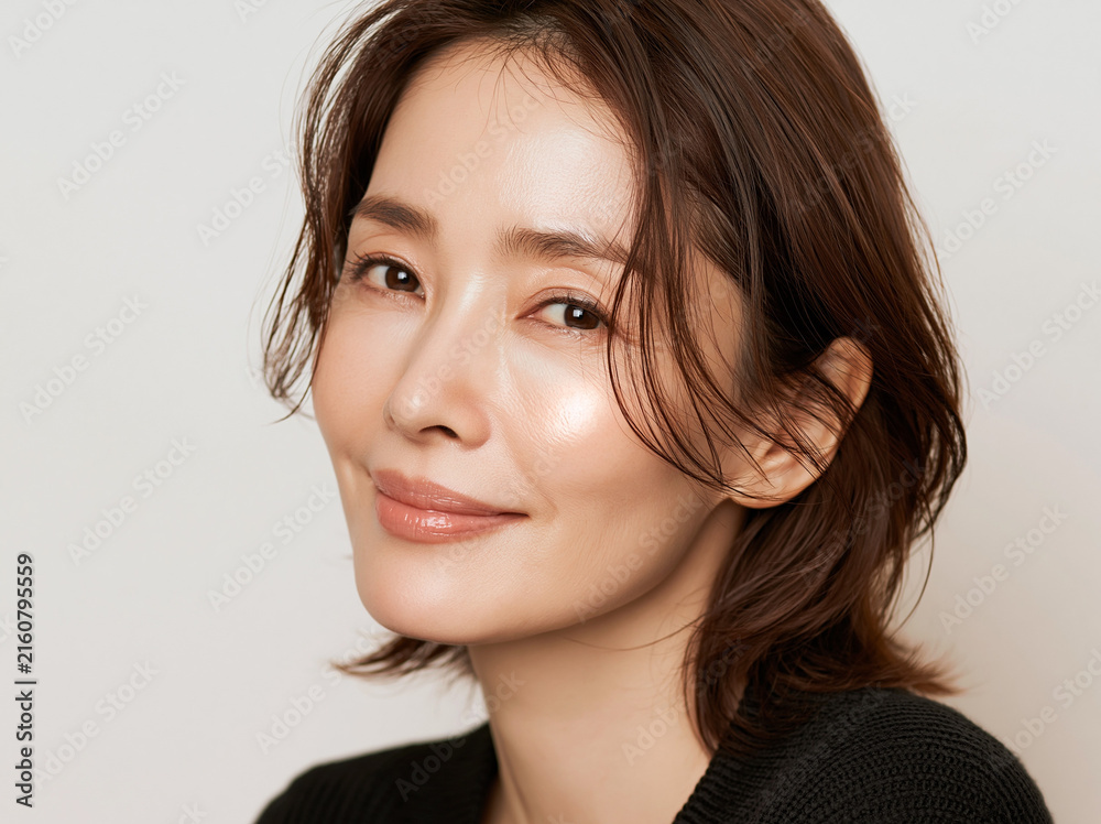 Fototapeta premium 日本人, 女性, 50代, 40代, ミドル, シニア, 美容, スキンケア, エイジングケア, 健康, ライフスタイル, 美人, ナチュラル, 清潔感, 透明感, 白背景, コピースペース, 広告素材, 信頼感, 微笑み, ウェルビーイング, 上半身, 視線, ポニーテール, 化粧品, エステ, 自己肯定感, オーセンティック, ポジティブエイジング, 日本, ウェルエイジング, サプリメント,