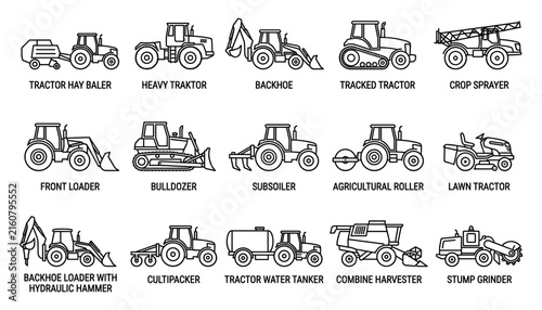 Obraz na płótnie Farm vehicle and construction machinery outline icon set with bulldozer backhoe