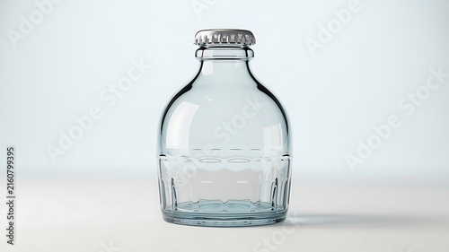 A clear, empty glass bottle with a silver cap stands cleanly isolated against a soft, light blue gradient background, ready for a new beverage or product.