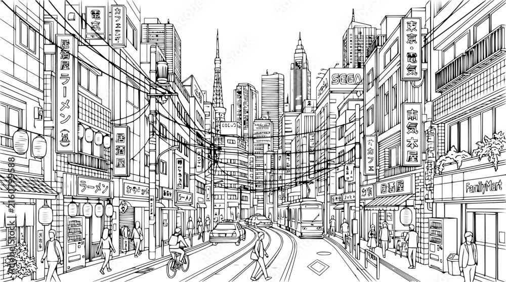 Obraz premium detailed black and white sketch of a busy city street with skyscrapers and shops