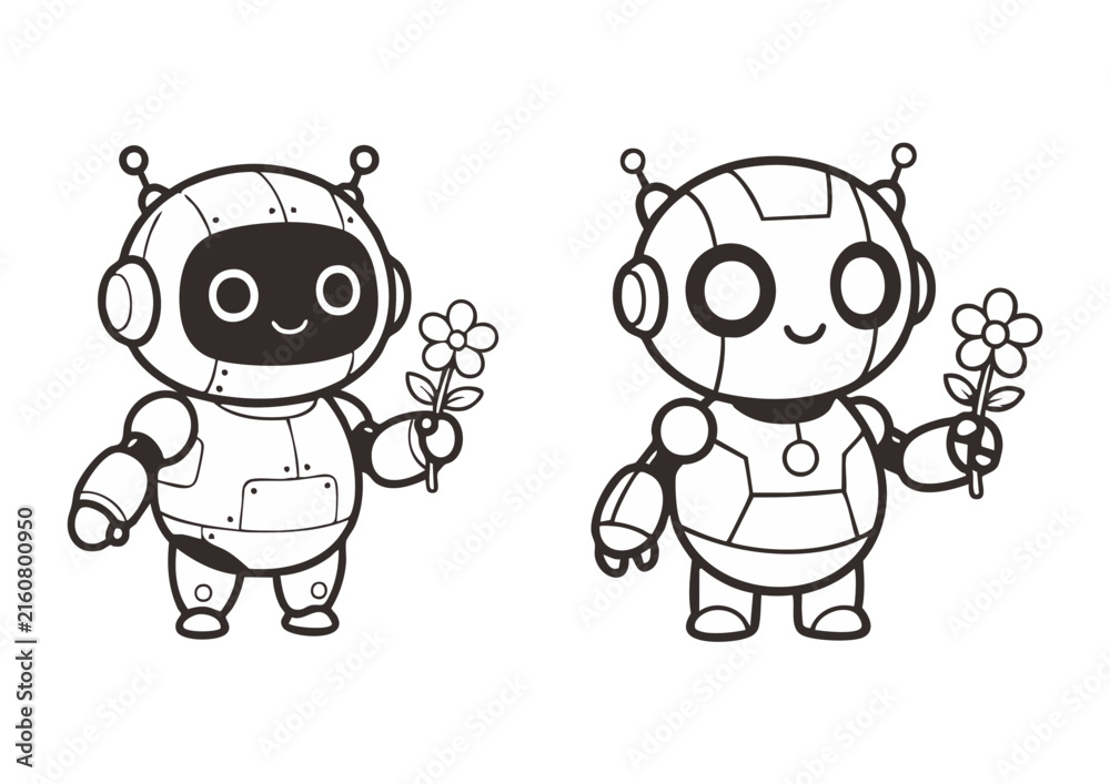 Obraz premium Cute robot characters holding flowers, vector line art illustration for kids coloring page.