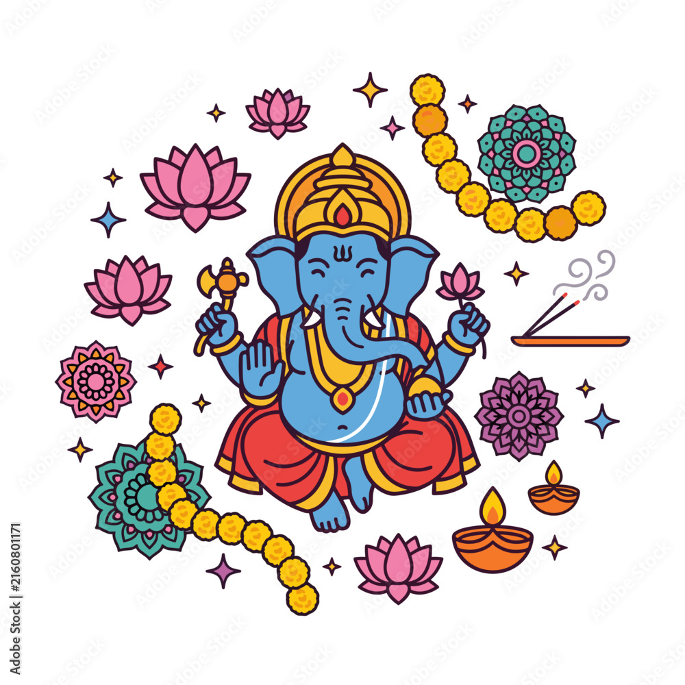 Fototapeta premium Colorful vector illustration featuring Lord Ganesha surrounded by blooming lotus flowers, traditional lamps, and garlands for vibrant festive celebrations