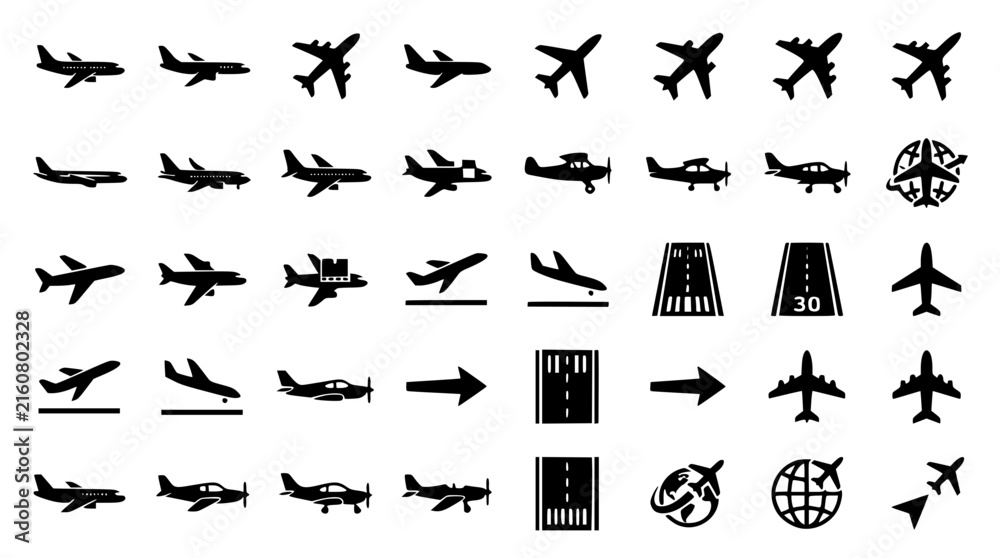 Fototapeta premium Airplane and Aviation Silhouette Icon Set with Commercial Jets, Private Planes, Airport Runways, Takeoff Symbols, and Global Travel Graphic Design Vector Elements