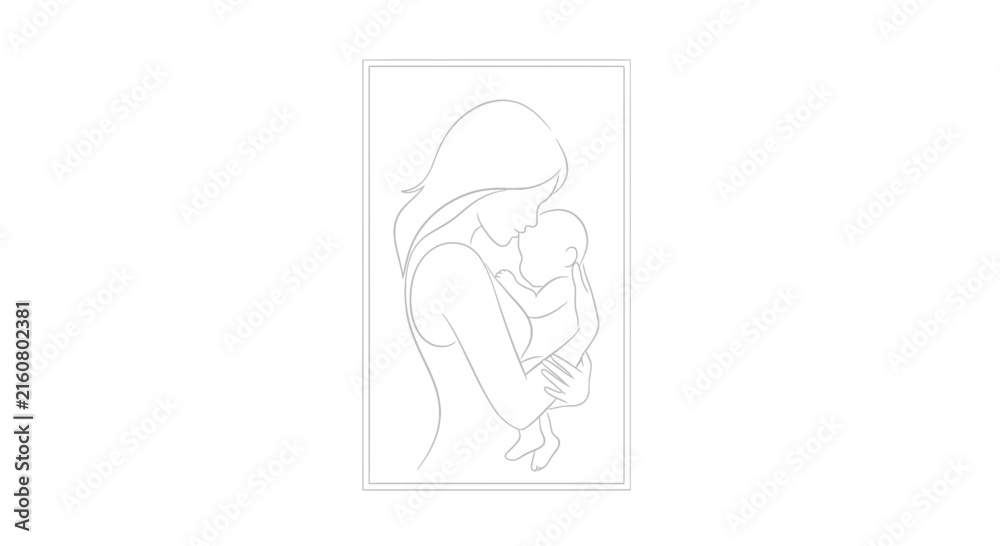 Fototapeta premium Elegant Line Art Mother Holding Newborn Baby Embrace Silhouette