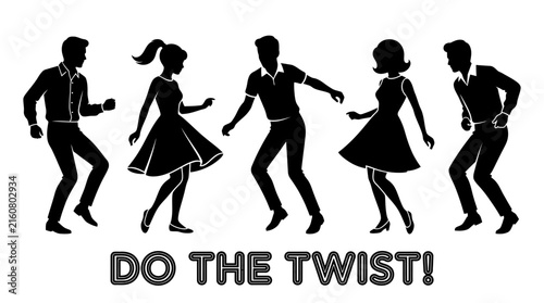Energetic young people dancing the twist in this vintage retro style black and white vector illustration