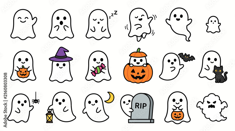 Fototapeta premium Cute Halloween Ghost Vector Illustration Set. 40 Spooky Characters, Pumpkins, Cat, Tombstone. Kawaii Monsters, Oct 31 Party Decorations, Orange and Purple