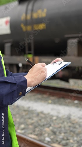 A safety officer is checking on hazardous chemical material checklist for risk assessment before tranportation the dangerous good with train tanker railway background. Industrail working scene.