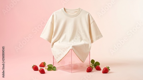 Minimalist beige cotton t shirt displayed over transparent pink acrylic cube surrounded by fresh ripe red strawberries
