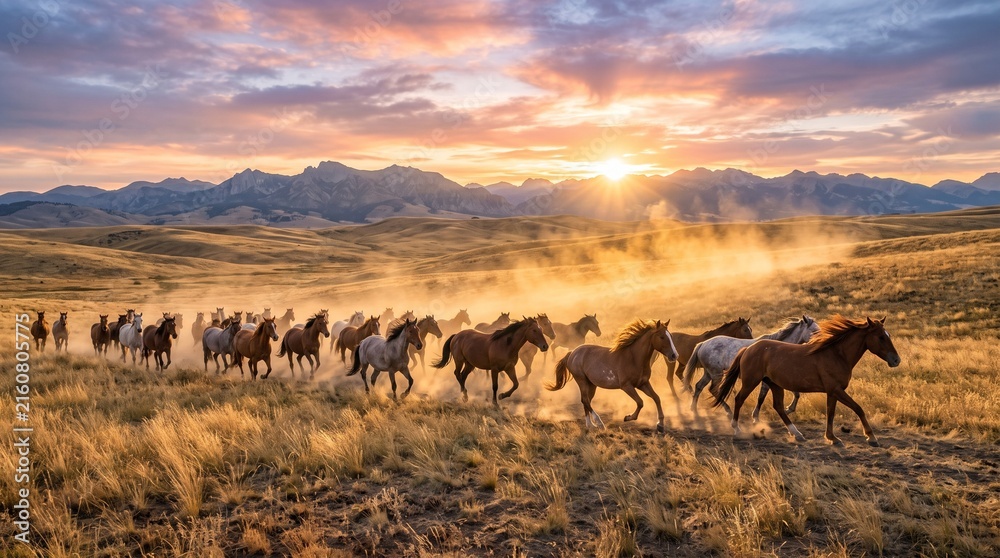 Fototapeta premium Herd of wild horses running in golden sunset field. Dusty plains with mountains background. Majestic wildlife galloping in freedom at dusk