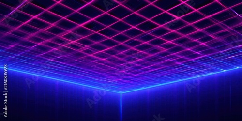 Neon grid perspective background with glowing blue and pink lines for synthwave retro cyberpunk banner and poster design