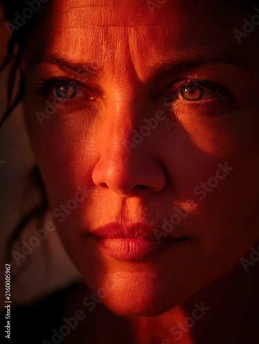 Close up dramatic warm red light portrait of a woman showing facial texture and emotion for editorial beauty study and cinematic background