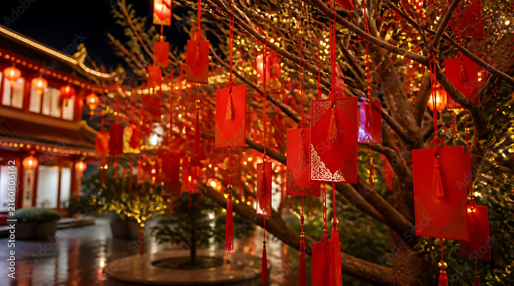 Fototapeta premium Festive lanterns and red envelopes adorning a decorated tree in a traditional Asian setting during a lively celebration night