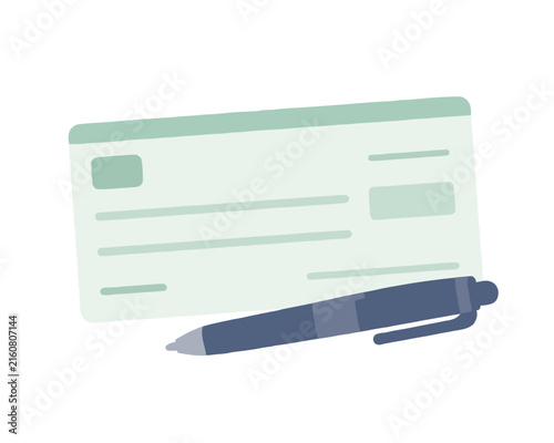 Bank check vector illustration with a professional pen, ideal for financial services, money management, payment processing, business accounting, and banking concepts in a clean flat design.