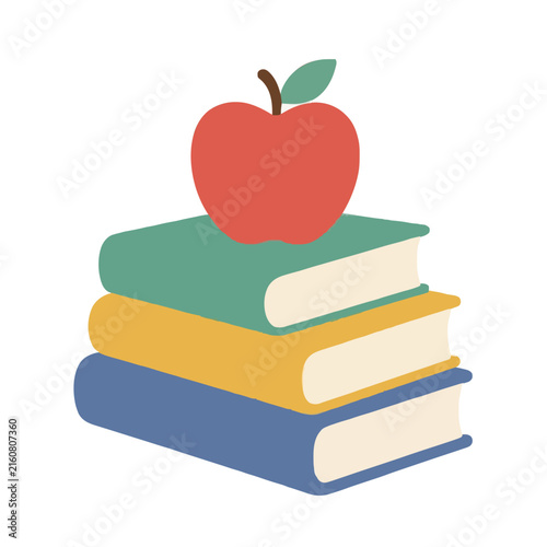 Hand-traced vector illustration of a colorful stack of three textbooks topped with a red apple, perfect back-to-school classroom educational graphic icon design