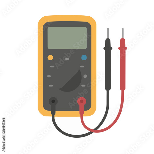 Professional digital multimeter vector illustration featuring a yellow protective case, LCD display screen, rotary selector dial, and red and black test probes for electrical circuit testing.