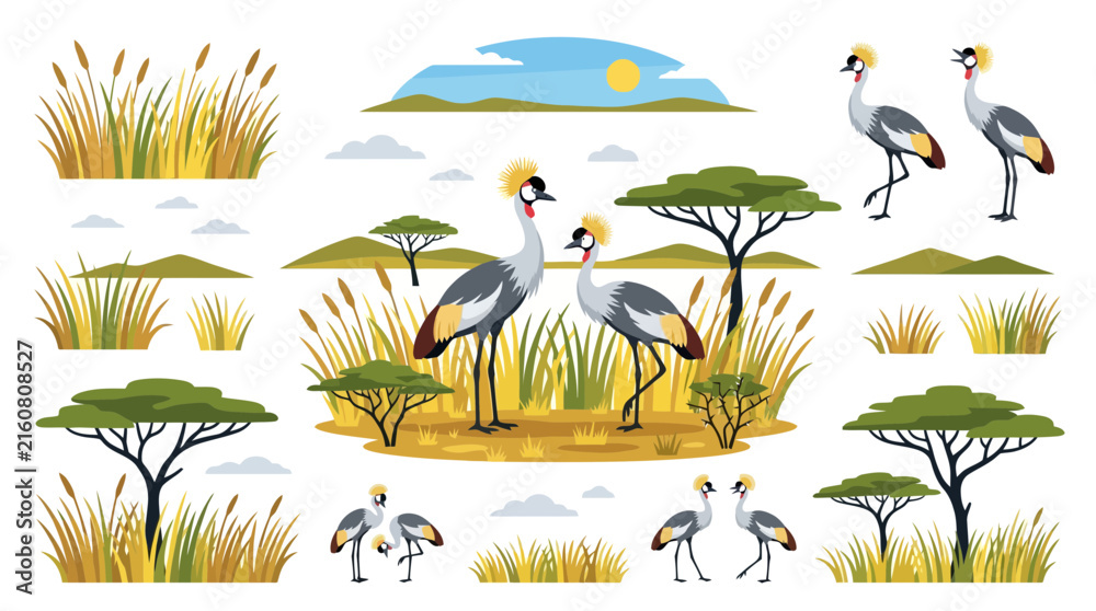 Obraz premium A collection of grey crowned cranes in various poses within a savanna habitat.