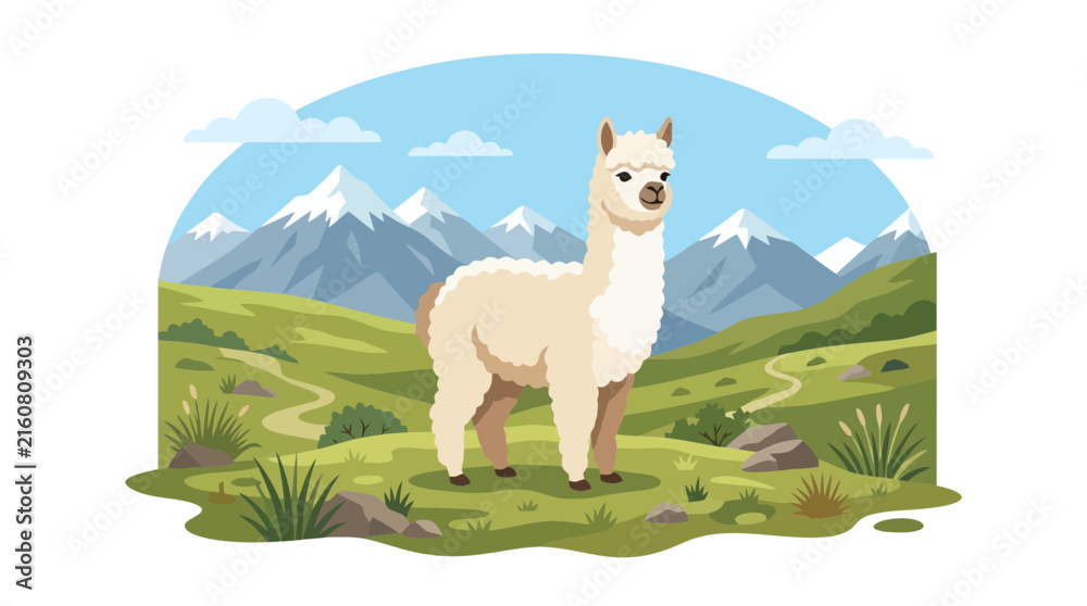 Naklejka premium A cute white alpaca standing in a grassy field with mountains in the background.