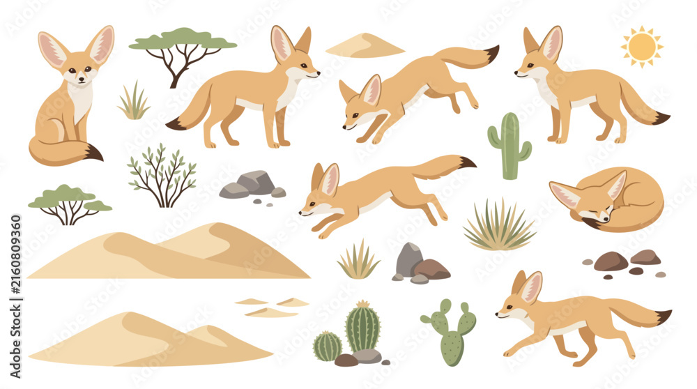 Fototapeta premium A collection of cute fennec foxes in various poses and desert elements.