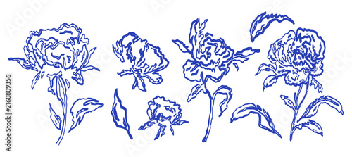 Hand drawn blue ink grunge peony flower sketch collection with leaves and stems, bold floral vector set for greeting card, wedding invitation, and decoration design.
