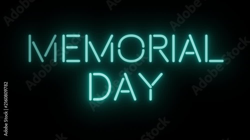 Glowing Cyan Neon Badge 'MEMORIAL DAY' Seamless Loop on Transparent Alpha Channel, Perfect for US Memorial Day Promos