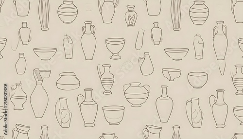 Seamless hand drawn pottery vector pattern with ancient ceramic vases pitchers and urns.