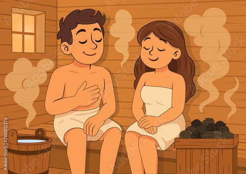 illustration of a boy and a girl in a sauna