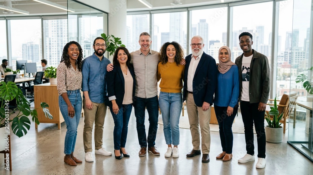 Fototapeta premium Diverse group of seven smiling colleagues of different ages posing together in a bright modern office with large windows, plants, and city view, teamwork and corporate diversity