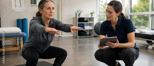 Mature woman performing squat exercise with female trainer in modern physical therapy studio, demonstrating balance and strength during rehabilitation session