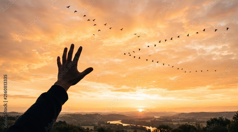 Fototapeta premium Hand reaching towards sunset sky with flock of birds flying, freedom and hope, inspirational nature landscape, golden hour lighting, silhouette gesture, emotional connection