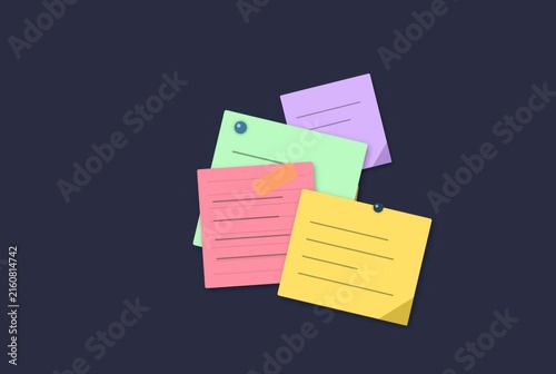 Fotografie Colorful sticky notes with written lines pinned on a dark surface for office rem