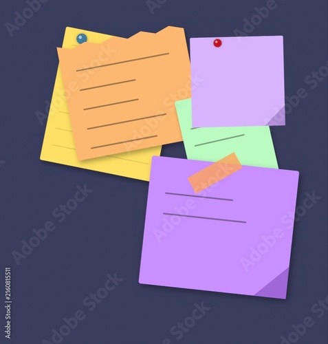 Colorful sticky notes with written text and push pins attached to a dark purple wall for office organization and creative project planning in a professional workspace environment