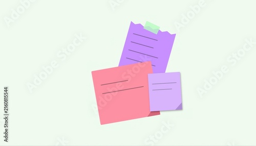 Colorful sticky notes with reminders and paper sheets attached with tape for office organization and planning tasks on a simple flat vector illustration design style
