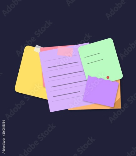 Colorful sticky notes and paper sheets stacked together as a reminder collection for office organization and planning tasks isolated on a dark background for design projects